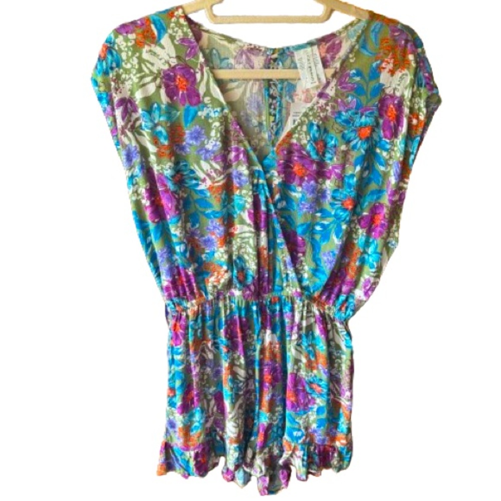 NWT Lucky Brand Floral Swim Coverup Romper in Turquoise, Purple, Orange Size S